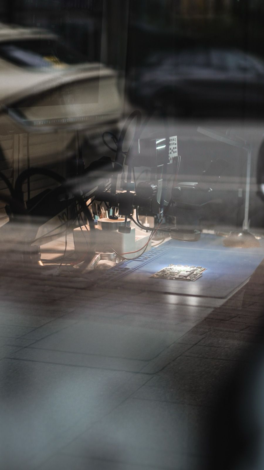 Blick durchs Schaufenster auf den Reparaturplatz der Notebook-Klinik